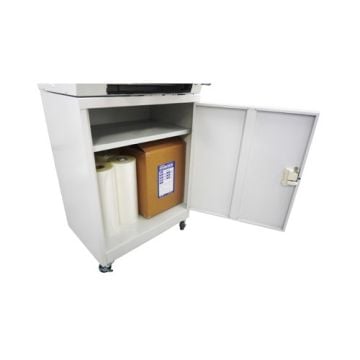 Open Cabinet Stand for Revo-Office Laminator showing storage space with film rolls and a cardboard box.