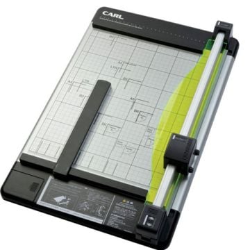 A Carl 15" Heavy Duty 36 Sheet Rotary Trimmer featuring a detailed cutting grid, adjustable guide, and heavy-duty rotary blade.