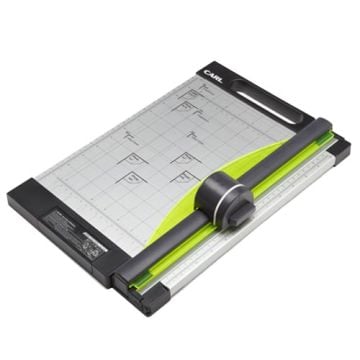 A Carl 15 Inches Professional 15 Sheet Rotary Trimmer featuring a detailed cutting grid and a precision blade with a bright yellow safety guide.