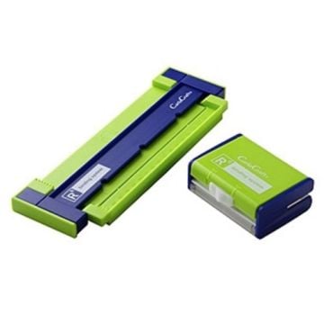 A green and blue Carl 6" Ring Binding System featuring a hole punch and a compact binder.