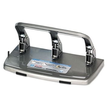 A Carl Heavy Duty 40 Sheet 3-Hole Punch with a metallic finish and three adjustable punch heads designed for efficient and precise hole punching in large stacks of paper.
