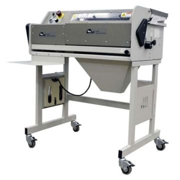 James Burn CB30QS Automatic Coil Inserter machine with a sturdy metal frame and caster wheels for mobility.