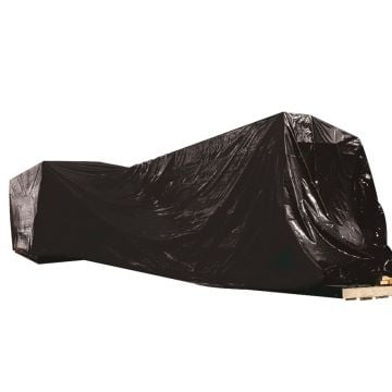 A large piece of 6 Mil Black Poly Sheeting is draped over a pallet, showcasing its thick, durable black plastic material designed for weatherproofing, covering large objects, and protecting surfaces.
