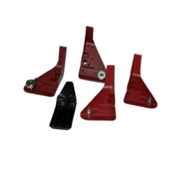 Chain flights for Muller Martini Right Red Without Bearing, featuring five red components and one black piece with varying configurations of screws and bearings.