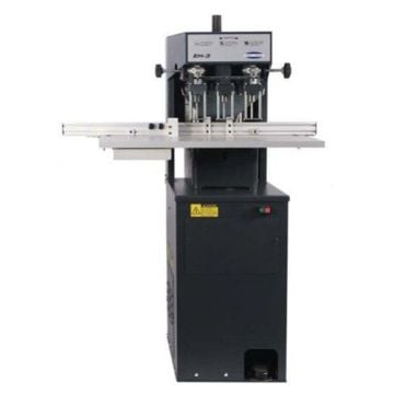 Front view of the Challenge EH-3 Hydraulic Three Spindle Paper Drill, a heavy-duty machine designed for precise multi-hole drilling in paper stacks.
