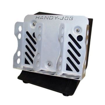 The Challenge Handy-Jog Check Tray Paper Jogger, featuring a metallic design with black accents for organizing and aligning paper stacks.
