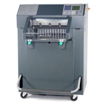 Front view of the Challenge Titan 200 20" Hydraulic Programmable Cutter with Shield, showing its control panel and safety features.