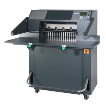 A Challenge Titan 230 23" Hydraulic Programmable Paper Cutter, featuring a digital control panel and precision cutting blades.