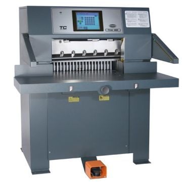 A Challenge Titan 265 TC 26.5" Hydraulic Programmable Paper Cutter, featuring a touchscreen control panel and heavy-duty cutting blades for precise paper cutting operations.