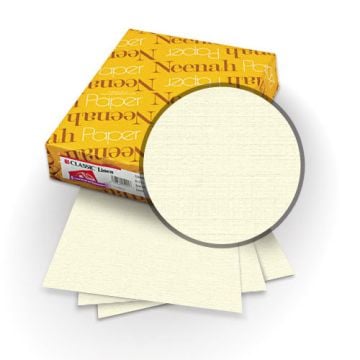 A box of Classic Natural White 100lb Classic Linen Covers, showcasing the textured surface of the premium paper sheets.