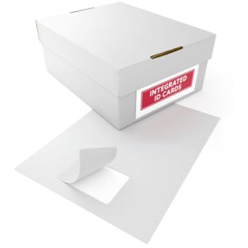 A white box labeled "Integrated ID Cards" sits beside a single sheet of Peel-Out Style 1up Printable Integrated Synthetic ID Cards, showcasing a partially peeled-out section for easy use.
