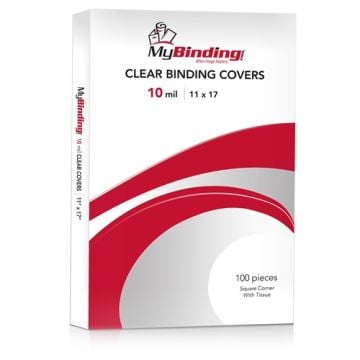 Packaging of 10mil Crystal Clear 11" x 17" Binding Covers [Unpunched, No Tissue] - 100pk with red and gray design.