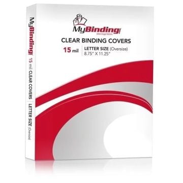 A box of "15mil Ultra Heavy Duty 8.75" X 11.25" Clear Covers [No Tissue, Unpunched] - 100pk" with a white and red design, labeled as clear binding covers for letter-size documents.