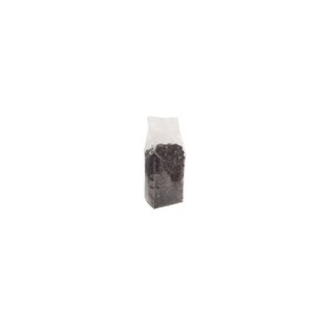 A Clear Poly Gusseted Bag with Valve stands upright, partially filled with small black items, featuring expandable side gussets, a transparent design for easy visibility, and a valve for controlled air release.