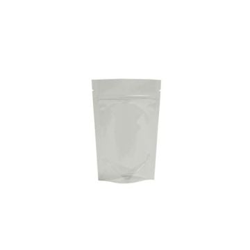 A Clear Stand Up Pouch with a resealable zipper closure is displayed, featuring a transparent design, a flat bottom for upright positioning, and tear notches for easy opening.