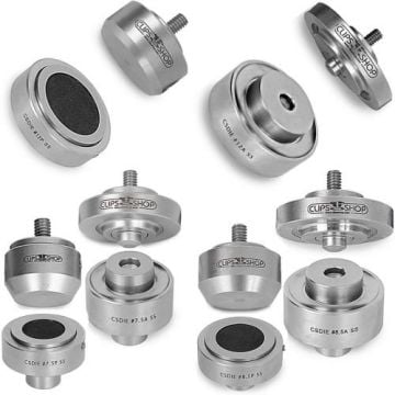 Various sizes of ClipsShop Hole Cutting and Grommet Setting Dies arranged on a white background.