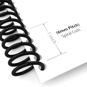 Close-up of a document bound with a 6mm Pitch Spiral Binding Coil, showing the 1-inch spacing between coils.