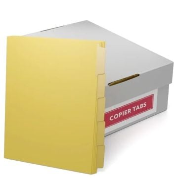 A box labeled "Copier Tabs" containing MyBinding 90lb Buff Straight Collated Mylar Coated Copier Tabs (3-Hole Punched) with visible tabbed dividers.