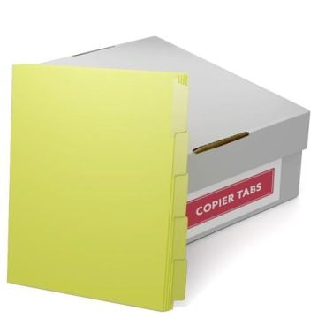 A box containing MyBinding 90lb Canary Straight Collated Mylar Coated Copier Tabs (3-Hole Punched), with a visible yellow tab divider.