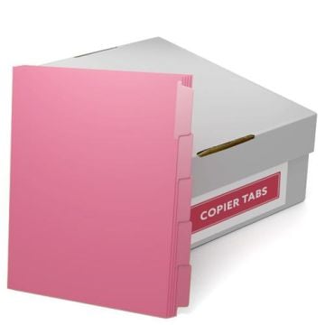 A box containing MyBinding 90lb Cherry Reverse Collated Mylar Coated Copier Tabs (3-Hole Punched) with pink tabbed dividers shown in front.