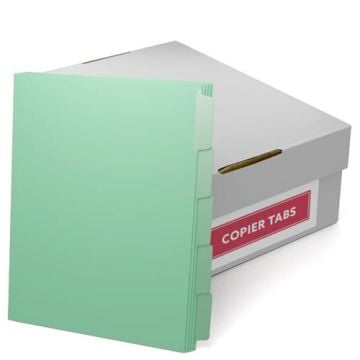 MyBinding 90lb Green Straight Collated Mylar Coated Copier Tabs (3-Hole Punched) in a stack, shown next to a box labeled "Copier Tabs.