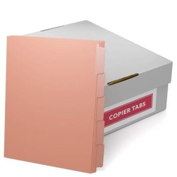 A box labeled "Copier Tabs" containing a set of MyBinding 90lb Salmon Straight Collated Mylar Coated Copier Tabs with five visible tab dividers.