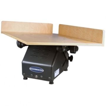 The Challenge 2840A 28" x 40" Combination Flat/Tilt Paper Jogger with a wide wooden platform for organizing and aligning paper stacks.