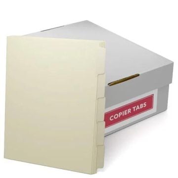 A box containing MyBinding 90lb Ivory Straight Collated Mylar Coated Copier Tabs, with individual ivory tabbed dividers shown in front of the box.