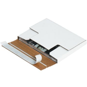 A white Corrugated Self-Seal CD Mailer with a rigid construction, featuring a fold-over design with secure locking tabs and a peel-and-seal adhesive strip for safe and easy shipping of CDs or small media items.