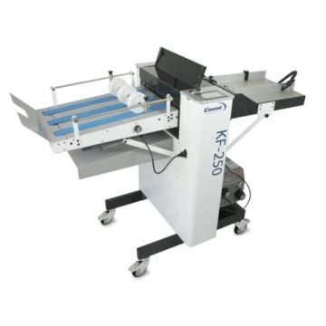 The Count KF-250 Air Feed Knife Folder, a professional paper folding machine with an adjustable conveyor belt and sturdy metal frame on caster wheels.