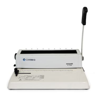 The Coverbind MINIWIRE Manual 3:1 Pitch Wire Binding Machine, featuring a sleek white design with a sturdy handle on the right side for manual operation.