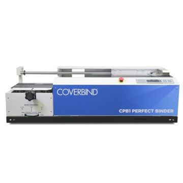 Coverbind CPB1 Table-Top Perfect Binding Machine and Accessories featuring a sleek design with a blue and white exterior, adjustable book thickness settings, and user-friendly control panel.