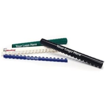 A collection of Custom Plastic Binding Combs in various colors, including black, blue, green, and white, each featuring a printed logo, showcasing customizable options for professionally bound documents.