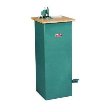 A green Lassco Wizer Cornerounder CR-50 Manual Corner Cutter machine with a wooden top, designed for rounding corners of paper stacks, standing on a tall rectangular base.
