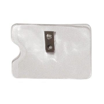 Transparent Credit Card Size Horizontal Side Load Badge Holder w/ Clip, featuring a metal clip centered at the top and a durable clear plastic design with a side-loading slot.