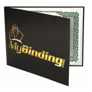 A black Custom Certificate Holder with gold foil stamping, designed to elegantly display and protect certificates with corner slits for secure placement.