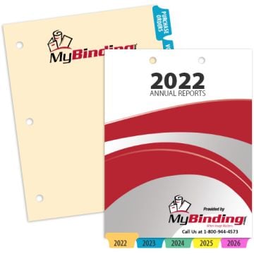 A set of Custom Index Tab Dividers featuring a professionally printed cover page with bold graphics and tabbed sections labeled by year, designed for organizing annual reports or documents efficiently.