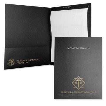 A Customizable Printed Tax Folder in black with gold foil stamping, designed for professional use, featuring a structured layout with internal pockets for organizing tax documents and a branded logo for an accounting or consulting firm.