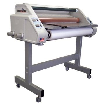 A Laminator with PSA Rewind and Stand, featuring a robust design on a wheeled stand for easy mobility.