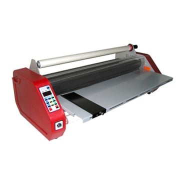 A D&K Minikote 27" Laminator with a red control panel and roller system for laminating materials.