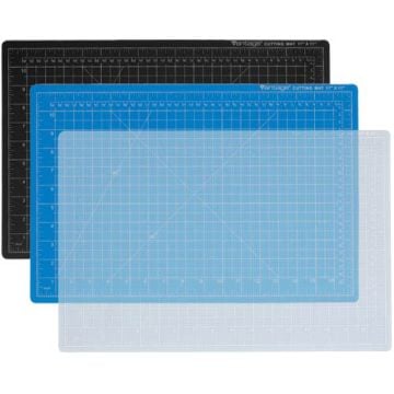 Three Dahle 18" x 24" Vantage Clear Self-Healing Cutting Mats in black, blue, and transparent layers, featuring precise gridlines and measurement markings for accurate cutting tasks.