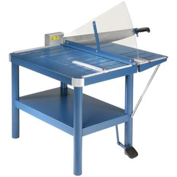 A Dahle 580 32" Premium Guillotine Style Ream Cutter, featuring a sturdy blue table design with a clear safety guard and foot-operated clamp for precise large-format cutting.