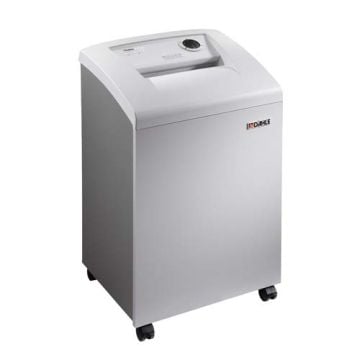 A Dahle 40334 High Security Level P-7 Micro Cut Paper Shredder, designed for top-secret document destruction, shown in a sleek white and gray finish on rolling casters.