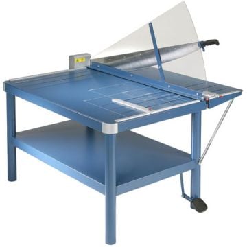 A Dahle 585 43" Premium Large Format Guillotine Paper Cutter, featuring a sturdy blue table, a large cutting blade with a safety shield, and a foot-operated clamp for precise paper cutting.