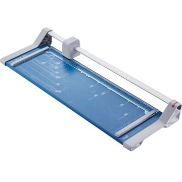 A top view of the Dahle Model 508 Personal Rolling Trimmer, featuring a blue cutting mat and a silver rolling blade for precise paper trimming.