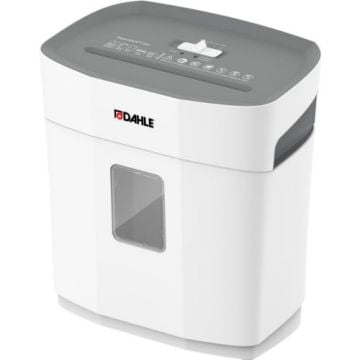Dahle PaperSAFE PS 100 5-Sheet Level P-4 Deskside Shredder with a compact white and gray design, featuring a transparent window on the front.