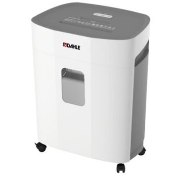 Dahle PaperSAFE PS 240 10-Sheet Level P-4 Deskside Shredder with a white and gray design, transparent window, and caster wheels for easy mobility.