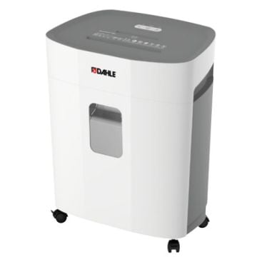 Dahle PaperSAFE PS 260 12-Sheet Level P-4 Deskside Shredder in white and gray, featuring a transparent window and caster wheels for easy mobility.