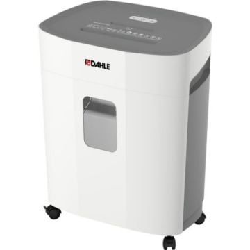 Dahle PaperSAFE PS 380 15-Sheet Level P-4 Deskside Shredder with a white and gray design, transparent window, and caster wheels for mobility.