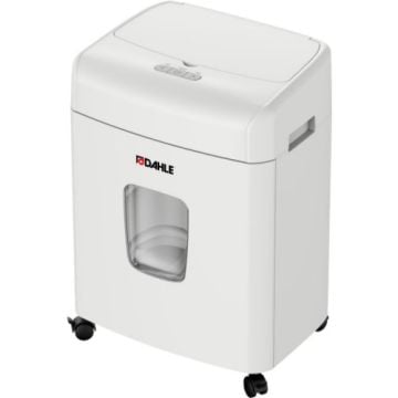 The Dahle ShredMATIC SM 90 Auto-Feed Level P-4 Shredder, a compact white office shredder with a transparent waste bin and rolling casters for easy mobility.